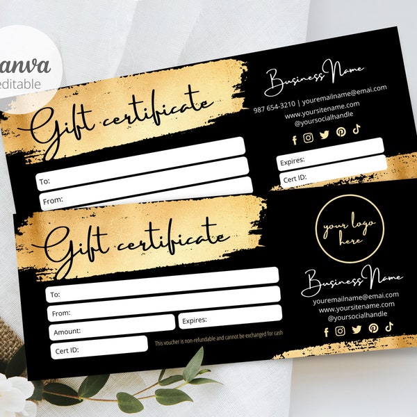 Gift Certificate Template With Logo, Black Gold Gift Voucher Template Printable Editable Gift Cards Template, Editable Canva Template #4