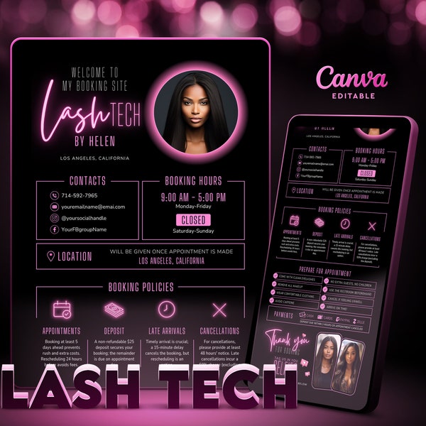 Plantilla de programación de agudeza Lash Tech Branding, sitio de boking negro rosa para Lash Tech, plantilla Canva, banners web de reserva de Lash Tech editables