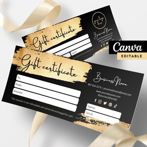 Plantilla elegante de certificado de regalo en negro y dorado, diseño de vale de regalo editable para pequeñas empresas, plantilla de tarjeta de regalo imprimible, plantillas de Canva