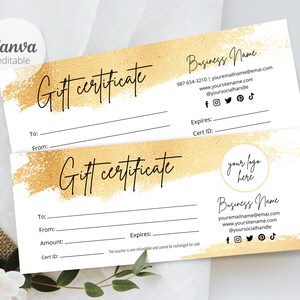 Gold Gift Certificate Template Printable and Editable, Editable Canva ...
