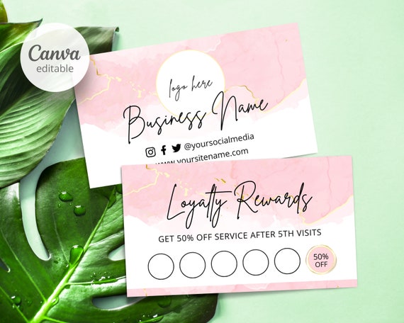 Loyalty Card Template Punch Card Template Canva, Small Business Cards  Template Loyalty Punch Card Printable, Pink Design Business Cards 1 