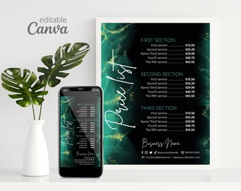 Price List Template Sign For Small Business, Editable Printable Price List Template Canva, Salon Price List Editable, Green Price Sheet #9