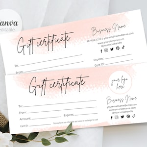 Plantilla de certificado de regalo editable, plantilla de tarjeta de regalo imprimible con logotipo, plantilla de vale de regalo rosa imprimible, plantilla Canva editable #2