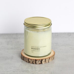 Woods Soy Candle, Hand Poured, Natural, Eco Friendly, Soft Earthy Scent, 7 oz Jar