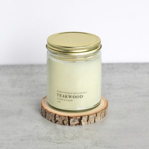 Teakwood Soy Candle,  Hand Poured, Natural, Eco Friendly, Earthy Scent, 7 oz Jar