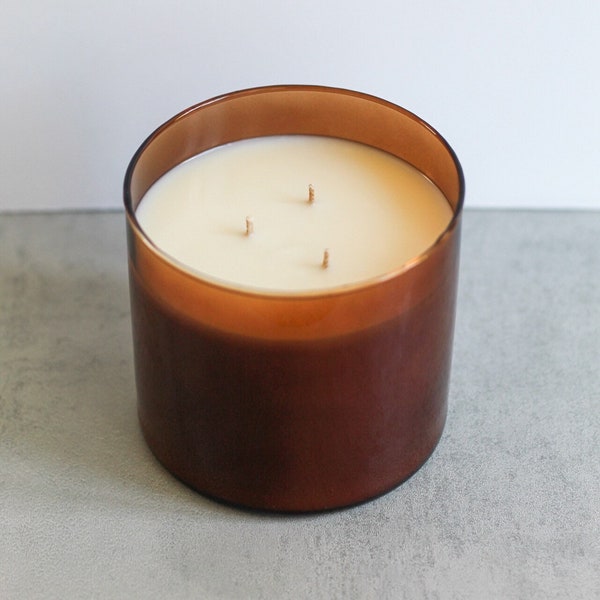 Triple Wick Soy Candle,  Hand Poured, Natural, Eco Friendly, Earthy Scent, 16 oz Amber Jar