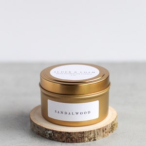 Sandalwood Soy Candle, Hand Poured, Natural, Eco Friendly, Earthy Scent, 4 oz Tin