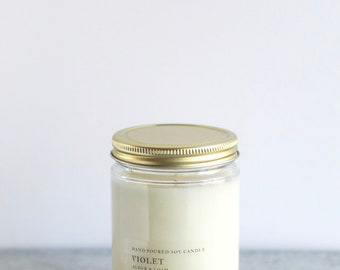 Vela de soja violeta, vertida a mano, natural, ecológica, aroma floral sensual, frasco de 7 oz