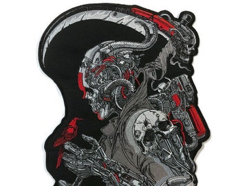 May include: Embroidered patch featuring a skeletal figure with mechanical parts, holding a red bird in one hand and a scythe in the other. The figure is depicted in a dark, gothic style with intricate details.
