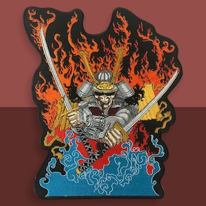 May include: A black and red embroidered patch featuring a samurai warrior with two swords, surrounded by flames and waves.