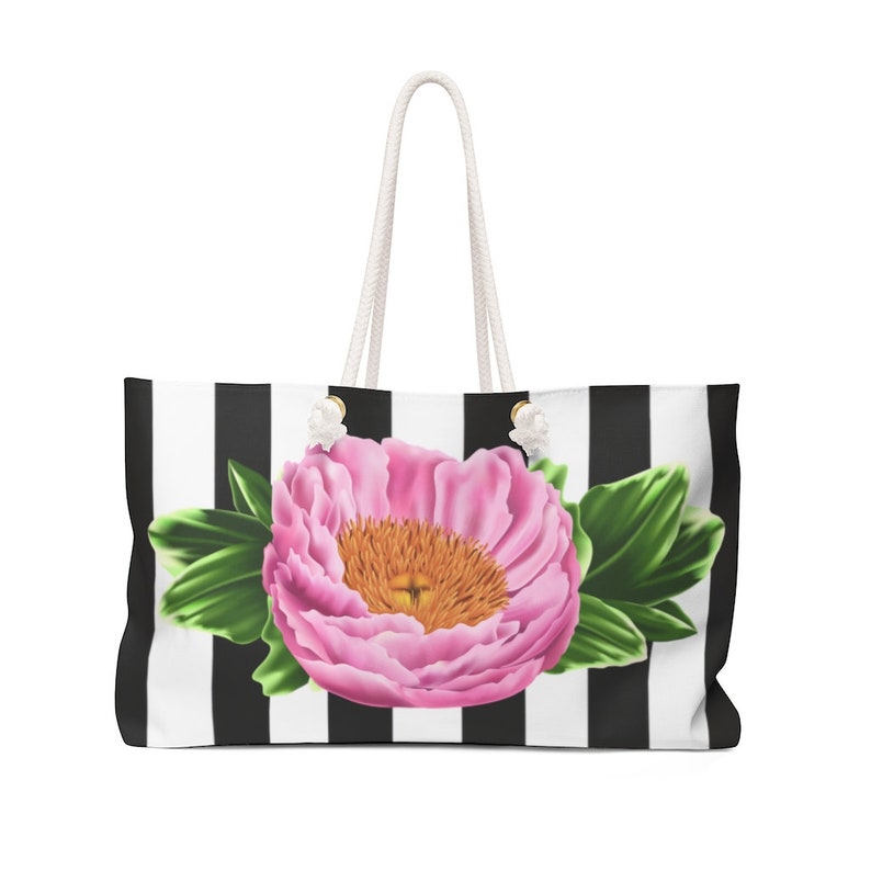 Watercolor Peony and Stripe Weekender Bag