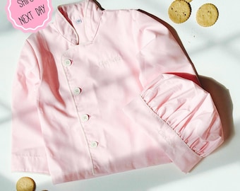 Personalized Pink Kids Chef Coat: Embroidered Jacket & Hat Set