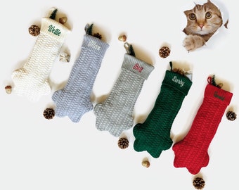 Knitted Paw Christmas Stockings, Personalized Embroidered Paw Stocking, Red, Cream, Green, Gray, Gift, Family, Holiday, Christmas Stocking
