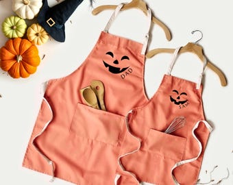 Delantal de algodón personalizado para tallar calabazas: disfraz de Halloween, a juego para adultos y niños.