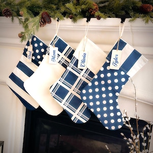 Blue Personalized Christmas Stockings, Custom, Polka dot Christmas Stocking, Striped, Plaid Christmas Stocking, Hanukkah, Gifts, Holiday