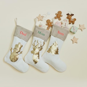 Personalized Burlap Christmas Stocking: Gold Sequin Embroidered Gift