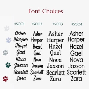 Op de afbeelding: Vier verschillende lettertypen voor de namen Asher, Harper, Hazel, Gael, Nova, Jaxson, Scarlett en Zara. De lettertypen zijn gelabeld met #SOO1, #SOO2, #SOO3 en #SOO4.