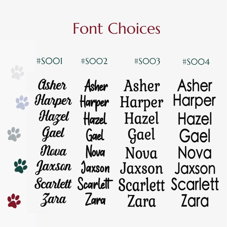 Op de afbeelding: Vier verschillende lettertypen voor de namen Asher, Harper, Hazel, Gael, Nova, Jaxson, Scarlett en Zara. De lettertypen zijn gelabeld met #SOO1, #SOO2, #SOO3 en #SOO4.