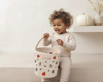 Personalized Halloween Basket, Embroidered pumpkin Bag, Trick or Treat Tote, Halloween Candy Bags, Chenille Fabric
