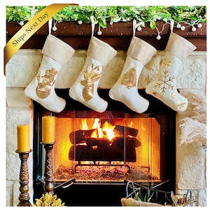Personalized Burlap Christmas Stocking: Gold Sequin Embroidered Gift