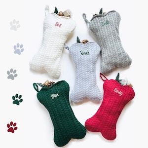 Knitted Personalized Dog Christmas Stocking, Bone Holiday Stocking for Dog, Bone-Shaped, Embroidered Pet Stockings,Red,Cream,Green,Gray,Sage