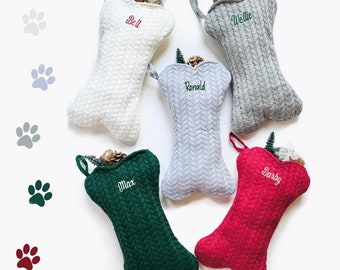 Knitted Personalized Dog Christmas Stocking, Bone Holiday Stocking for Dog, Bone-Shaped, Embroidered Pet Stockings,Red,Cream,Green,Gray,Sage