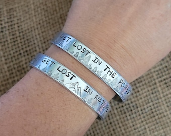 Get lost cuff, Hand stamped aluminum, Nature bracelet