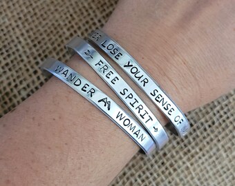 Adventure cuff, Hand stamped aluminum, Nature bracelet