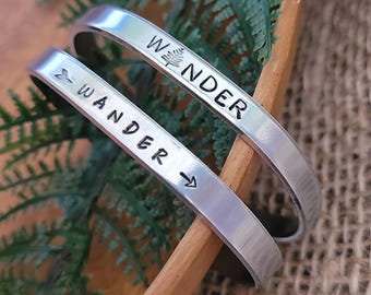 Wander cuff, Hand stamped aluminum, Nature bracelet