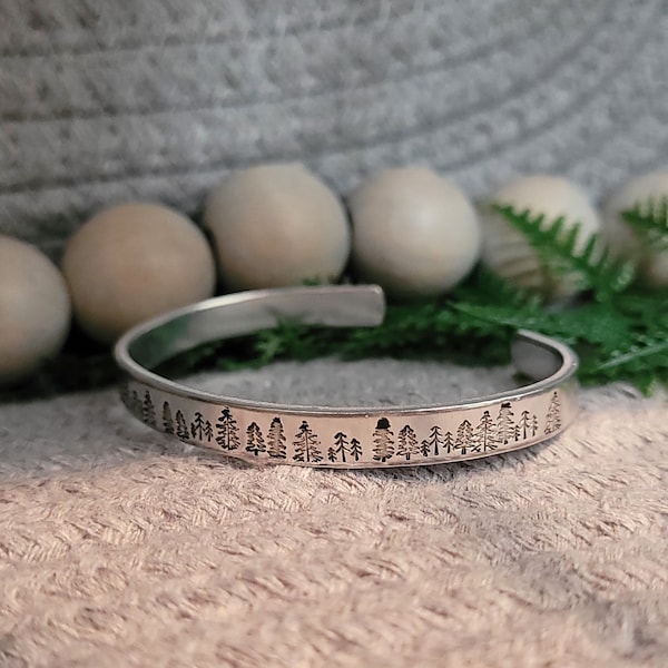 Forest cuff, Hand stamped aluminum, Nature bracelet