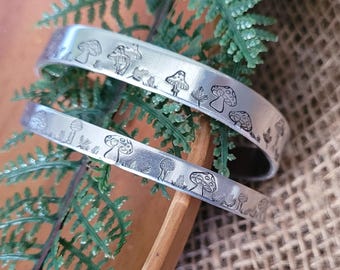 Mushroom cuff, Hand stamped aluminum, Nature bracelet