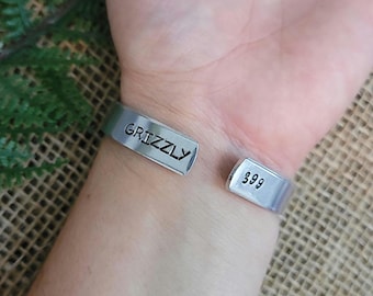 Grizzly 399 cuff, Queen of the Tetons, Famous Grizzly Bear, Hand stamped aluminum