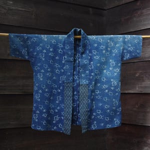 Rare Indigo Kasuri Cotton Noragi Jacket with Chidori Pattern, Japanese Farmer’s Workwear, Meiji–Taisho Era