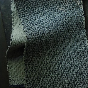 Puede incluir: Una pieza rectangular de tela tejida que presenta un patrón denso y texturizado de hilos azul marino oscuro y blanco roto. El tejido muestra un patrón moteado de pequeña escala consistente con bordes deshilachados y un borde azul oscuro.
