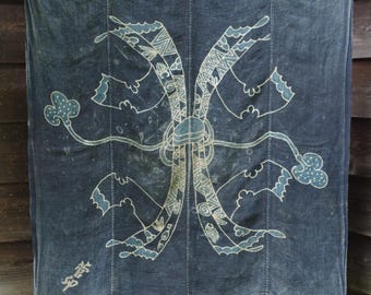 Iwate Tsutsugaki Indigo Hemp Textile with Noshi Motif | Heavy Hemp Cloth | Late Edo to Meiji Period