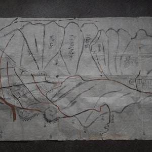 Eine japanische Papierkarte eines Dorfes in der Präfektur Nagano gegen Ende der Edo-Zeit.