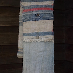 Antik japansk Sakiori-textil med indigofärgad hampaduk / Gammal trasvävning / Akita-folktextil / Boro-tyg