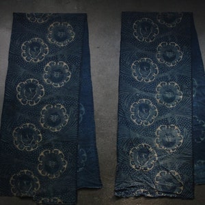 Indigo-dyed stencil-dyed cotton cloth with a crane pattern from around the Meiji era. Vermilion.