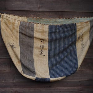 Puede incluir: Una bolsa de tela vintage a rayas con caracteres japoneses. La bolsa presenta rayas verticales en beige, azul y gris. El borde superior tiene un ribete festoneado. La bolsa se muestra sobre un fondo de madera oscura.