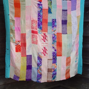 Patchwork Silk Textile – Multicolored Strips, Hand-Joined Fragments, Japanese Antique Fabric from Iwate