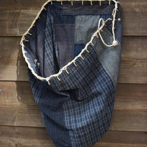 Antique Japanese Cotton Yagu or Kaya Storage Bag / Indigo Patchwork Textile Sack / Boro Folk Cloth / Hand-Stitched Rope Closure