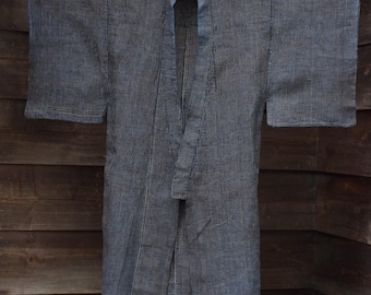 Kimono antico in canapa tinta d'indaco con motivo a griglia, Miyagi, Tohoku
