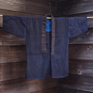 Indigo Dyed Hemp Noragi Jacket – Heavy Asa Body with Cotton Sleeves, Reinforced Shoulder Patch, Japanese Folk Workwear