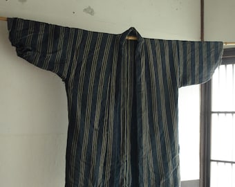 Vintage striped indigo dyed cotton Boro Kimono.