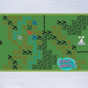May include: A cross-stitch pattern of a green landscape with a river, mountains, and a small house. The pattern is on a white background and includes the text "Kitsch Stitch".