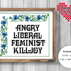 Angry Liberal Feminist Killjoy - Digital Download - Cross Stitch - PDF Pattern - 14 count - Stitch Chart - Pattern