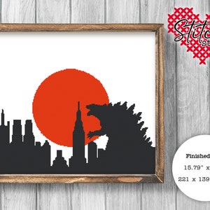Puede incluir: Patrón de punto de cruz de un monstruo parecido a Godzilla atacando un horizonte urbano con un sol rojo en el fondo. El tamaño terminado es de 15,79 pulgadas por 9,93 pulgadas, o 221 por 139 puntos.