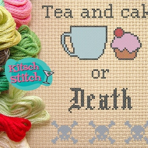 Digital Download - Cross Stitch - PDF Pattern - 14 count - Tea - Cake - Death - Humour - Funny - Izzard - Stitch Chart - Pattern