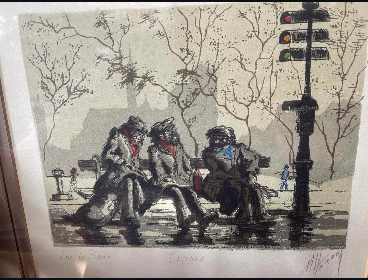 marcel harang 「on the bench」 Framed French Artist Marcel Harang, Sur Le Banc (on the