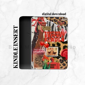 May include: A Kindle Insert with a collage design. The design includes a leopard print, zebra stripes, cherries, roses, stamps, and the words "EMOTIONAL SUPPORT KINDLE". The text "digital download" is also visible.